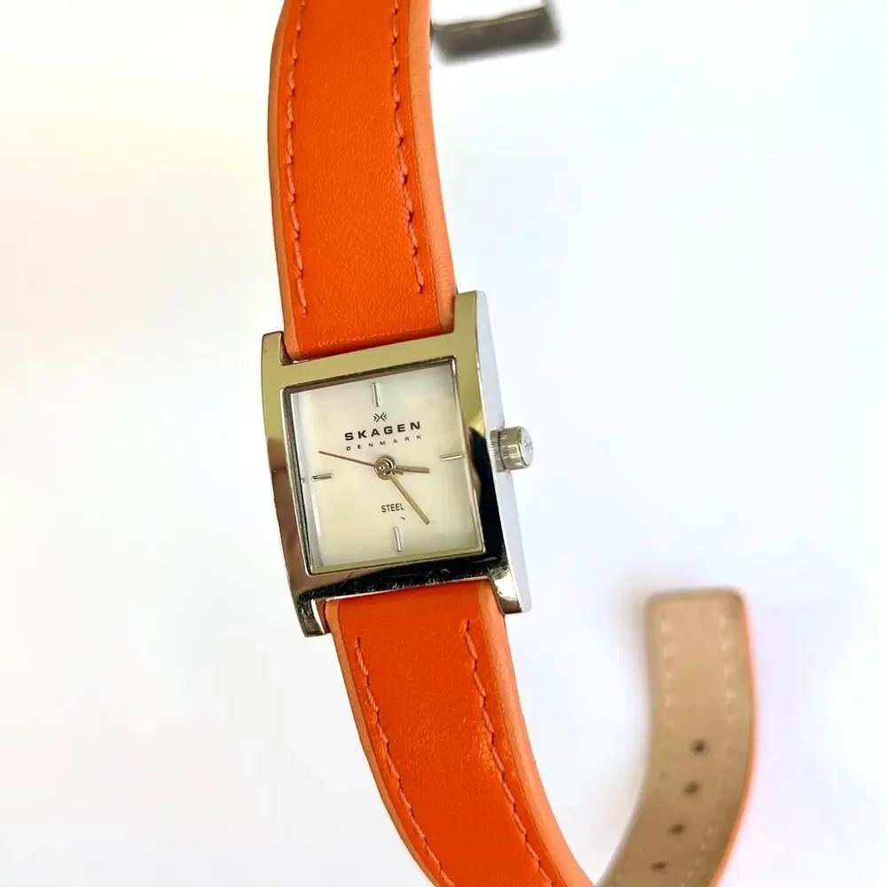 Skagen Denmark Square Watch Mother of Pearl Orange Leather Strap 2000s Vintage - Picture 9 of 14